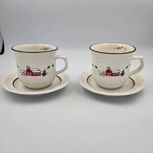 Two Pfaltzgraff Christmas Snow Village Stoneware Cup and Saucer Sets